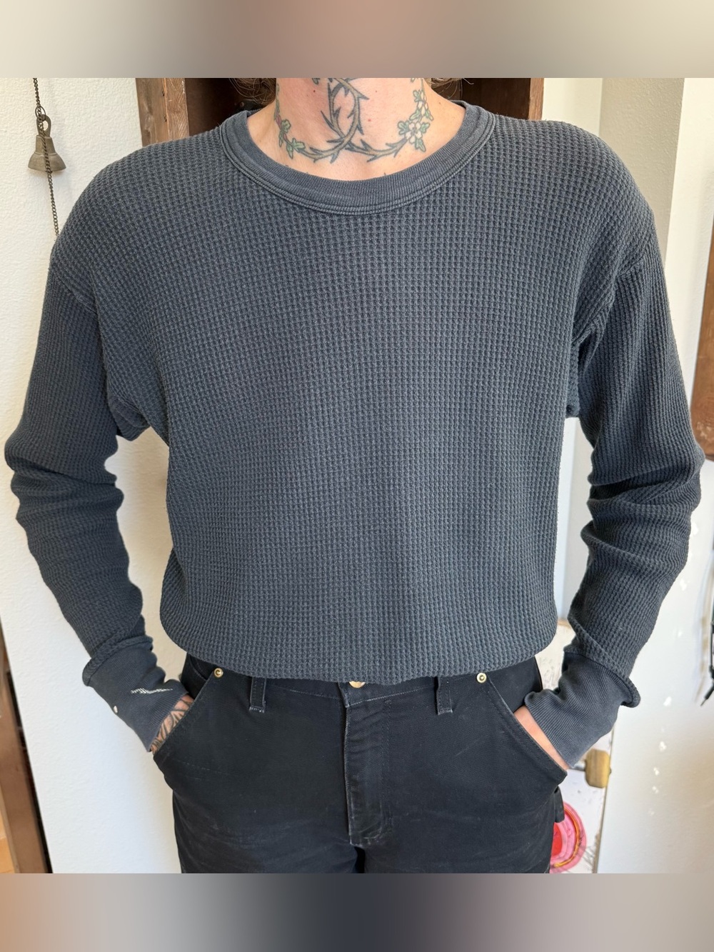 Vintage 90s Y2K Faded Black Waffle Thermal Grunge Skater Streetwear ~ Size Large